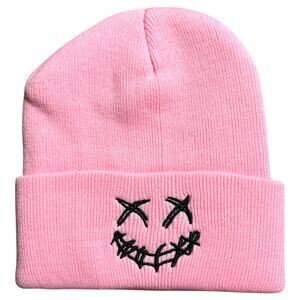 Knitted Woven Pink Scary Smiley Face Beanie Mens OS - Punk Skater Preppy Casual